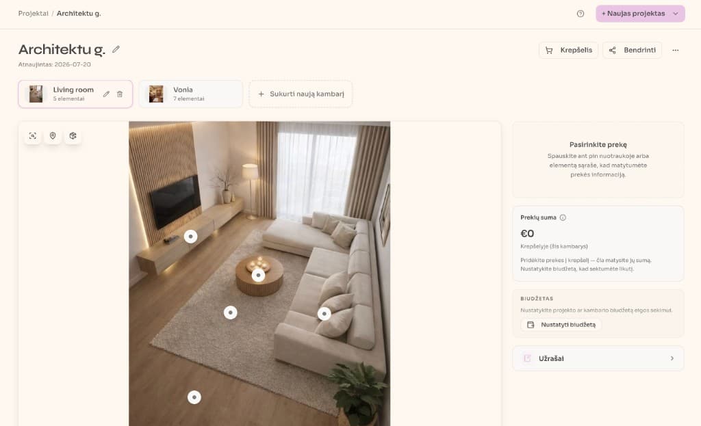 MANŌROOM projekto ekranas su kambario nuotrauka ir aptiktais produktais